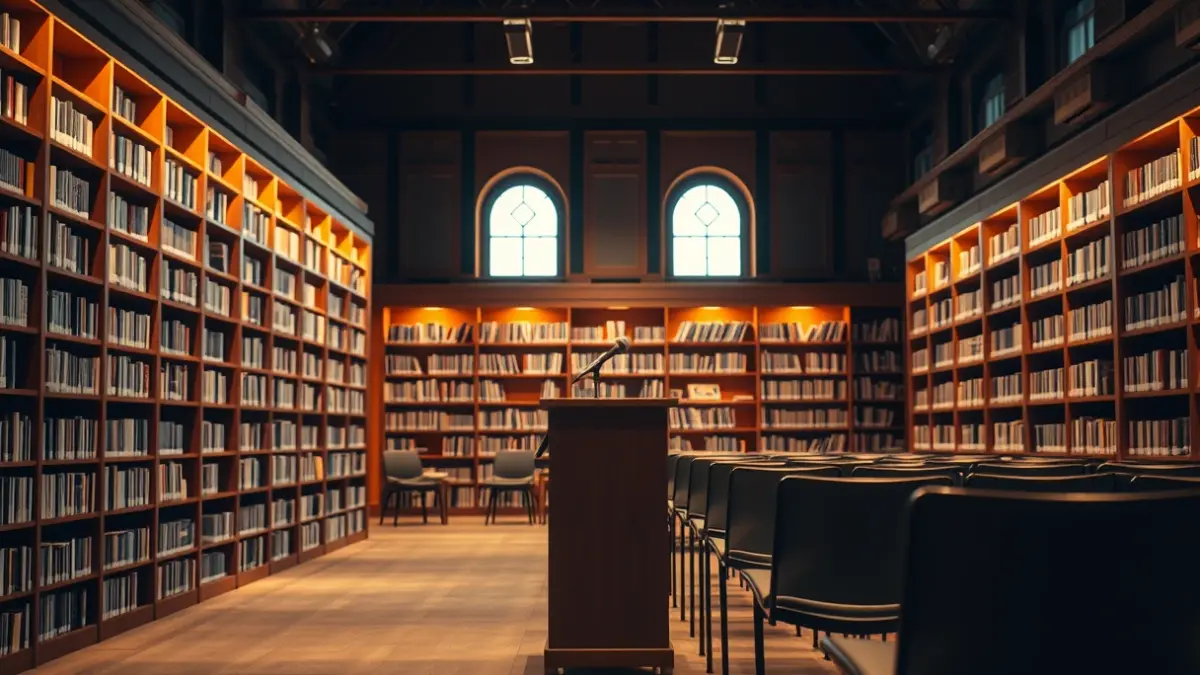 Imagen genérica de un aula o sala de conferencias con un micrófono y sillas vacías, evocando un ambiente de formación cinematográfica.