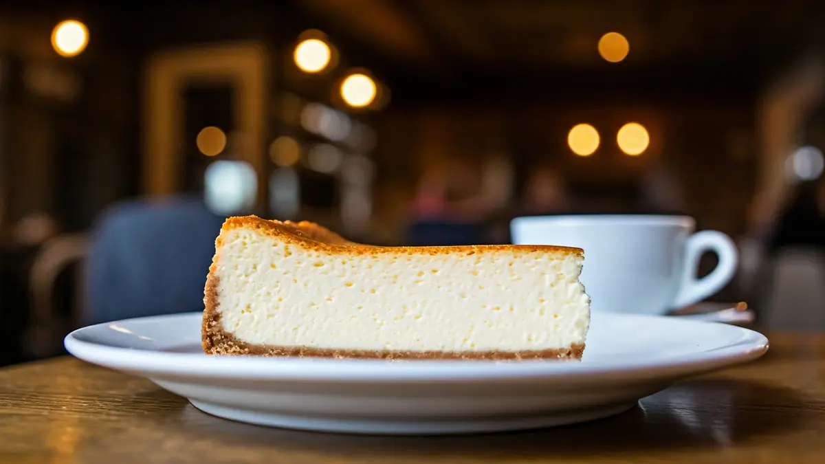 Imagen genérica de una porción de tarta de queso cremosa en un plato blanco.