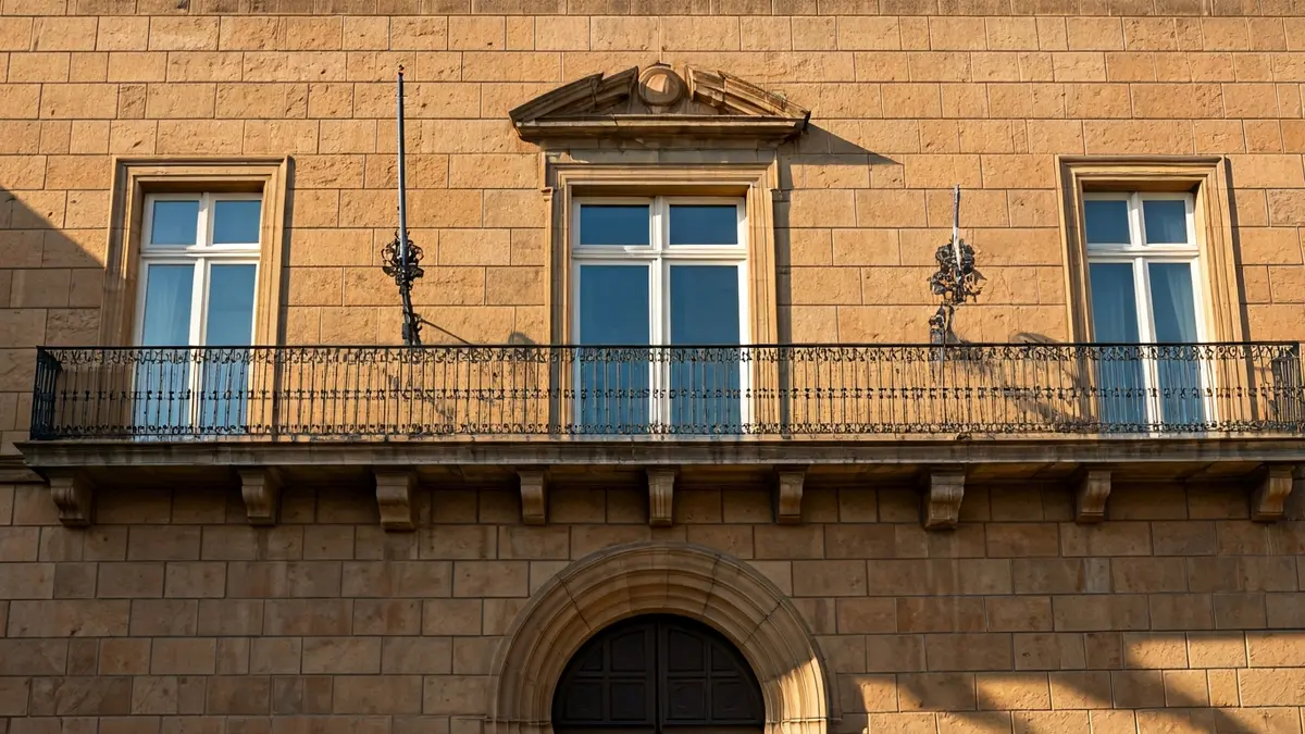 Fachada de un ayuntamiento con balcón y barandillas de hierro, bajo la luz del sol de la tarde.