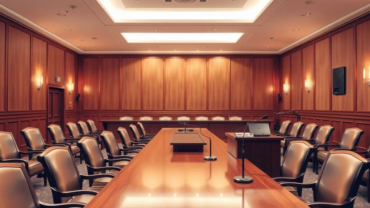 Imagen genérica de una sala de plenos municipal vacía, con una mesa y un micrófono.