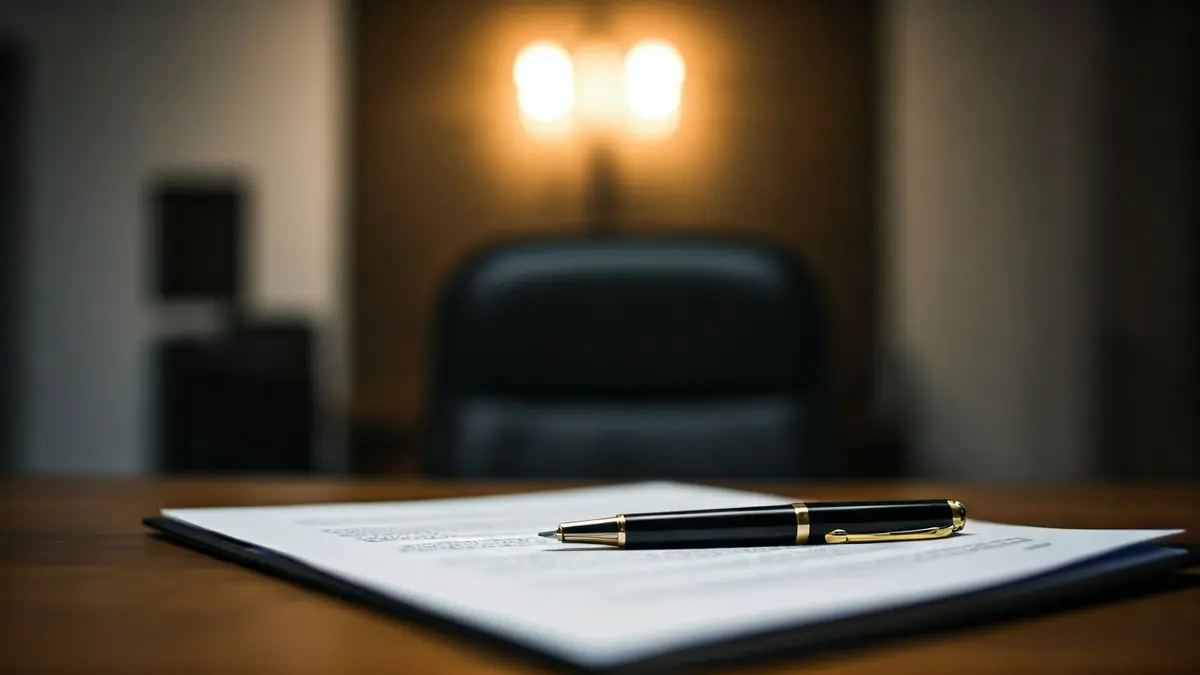 Generic image of legal documents and a pen on a wooden desk.