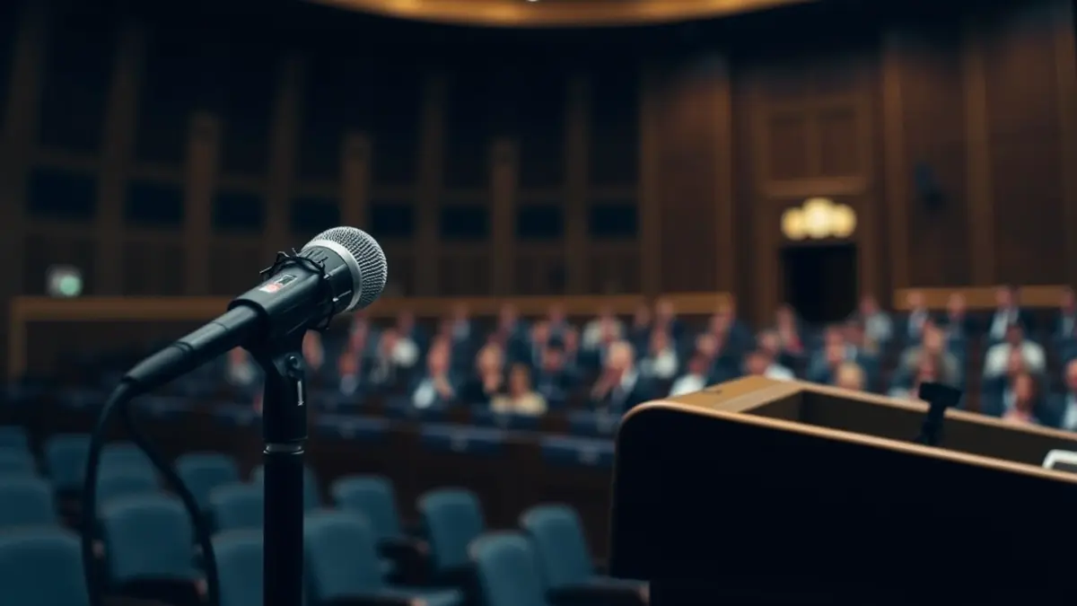 Imagen genérica de un micrófono en un atril en una sala de plenos.