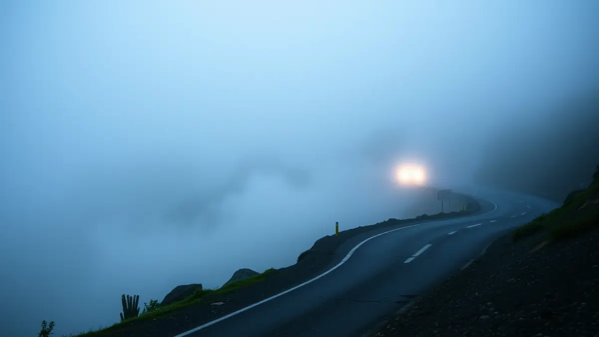 Mountain road in Tenerife with dense fog at dawn