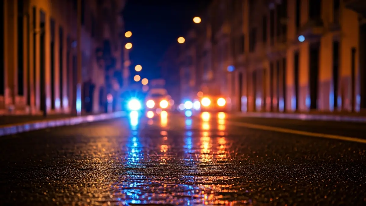 Imagen genérica de luces de emergencia reflejadas en el asfalto mojado.