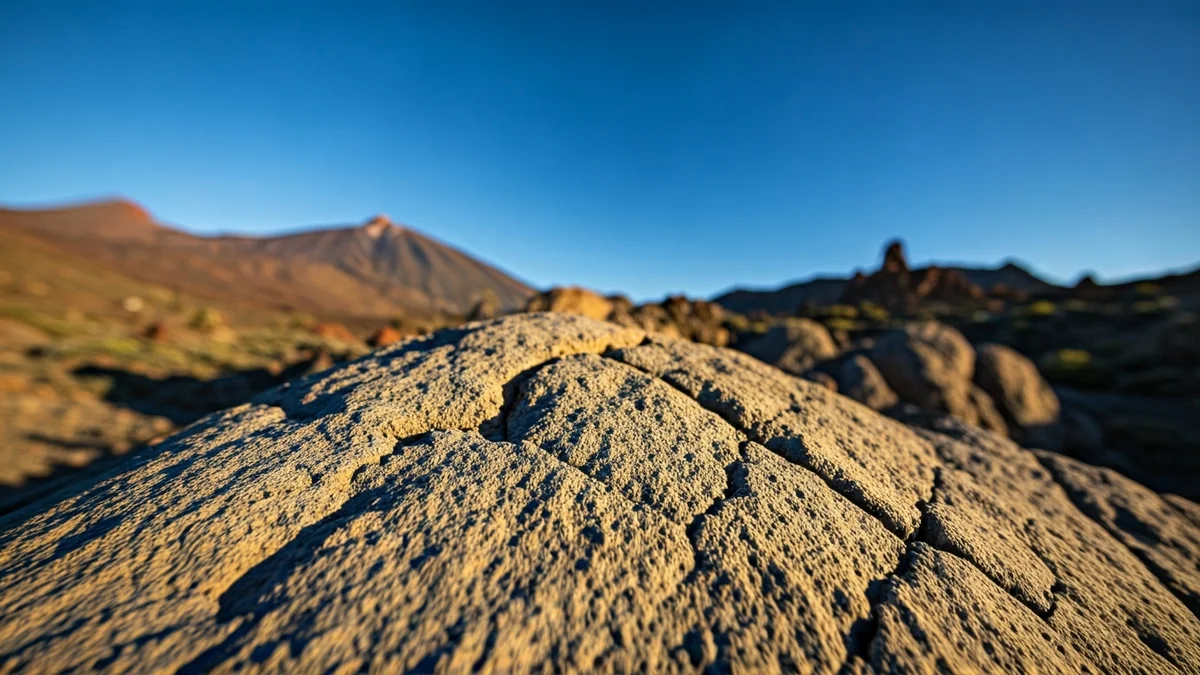 Imagen de rocas volcánicas en Las Cañadas del Teide, Tenerife, con el pico del Teide al fondo.