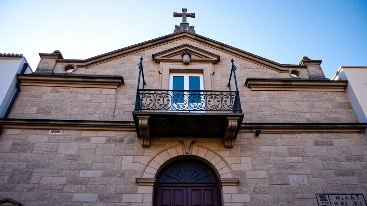 Fachada de un ayuntamiento canario con balcón de hierro forjado bajo la luz del sol.