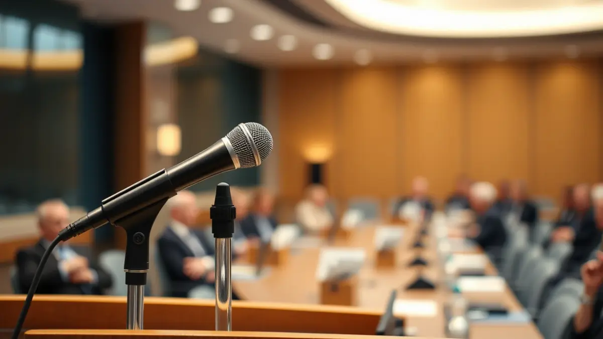 Generic image of a microphone on a podium during a political event.