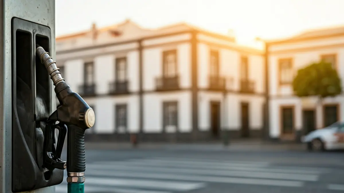 Generic image of a gas pump nozzle in a Canarian urban setting.