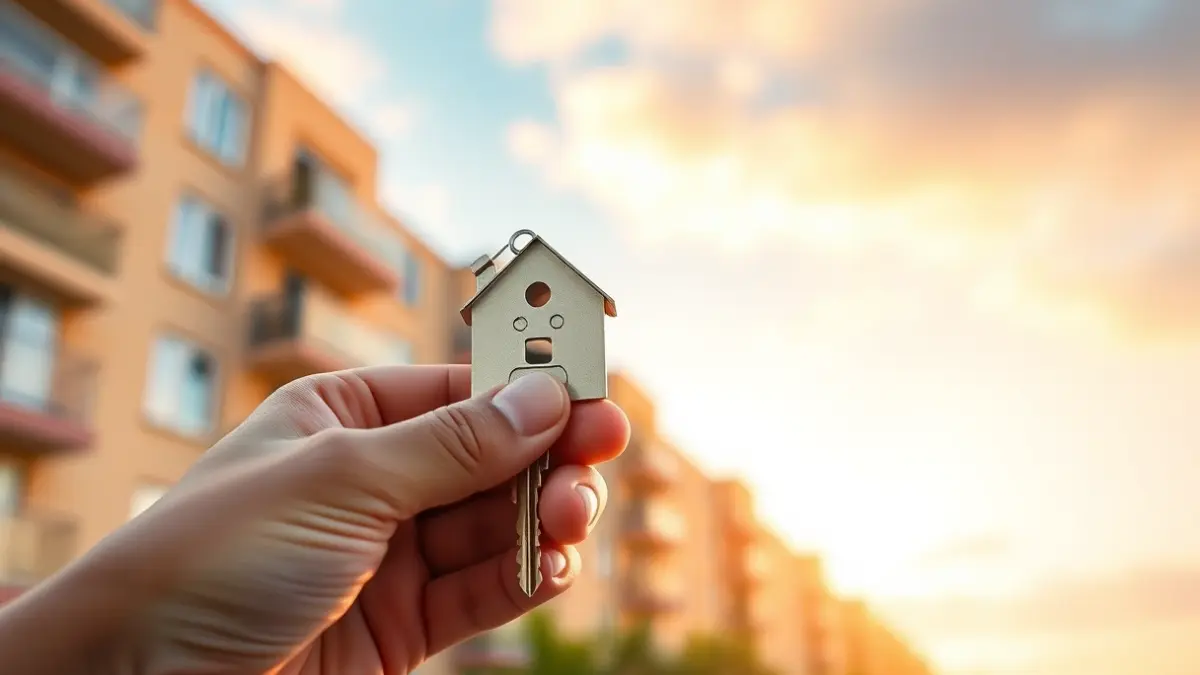 Imagen genérica de una mano sosteniendo una llave de casa, con edificios de apartamentos al fondo.