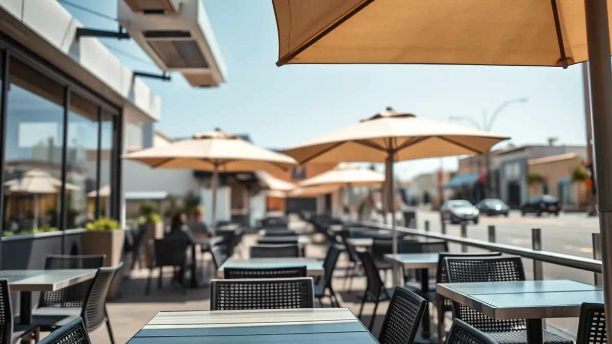 Restaurant terrace with cooling systems to combat heat.