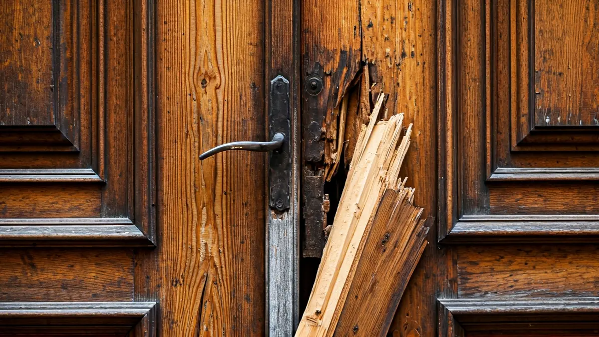 Imagen de una puerta de madera dañada, con la cerradura rota y astillas, que sugiere un allanamiento o agresión.