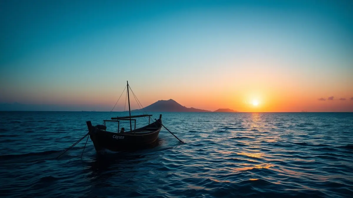Image of a cayuco at sea, with a volcanic island in the background.