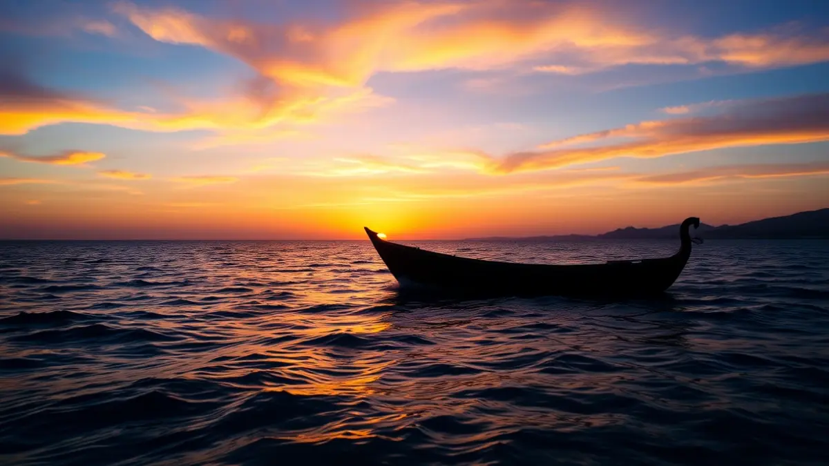 Imagen genérica de un cayuco en el mar al atardecer, con la costa de las Islas Canarias al fondo.