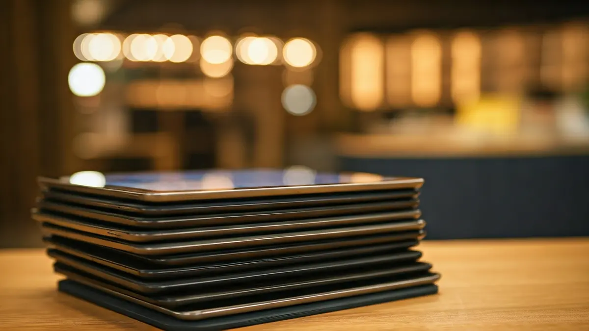Image of several digital tablets displaying volcanic landscapes, on a wooden table in a library.