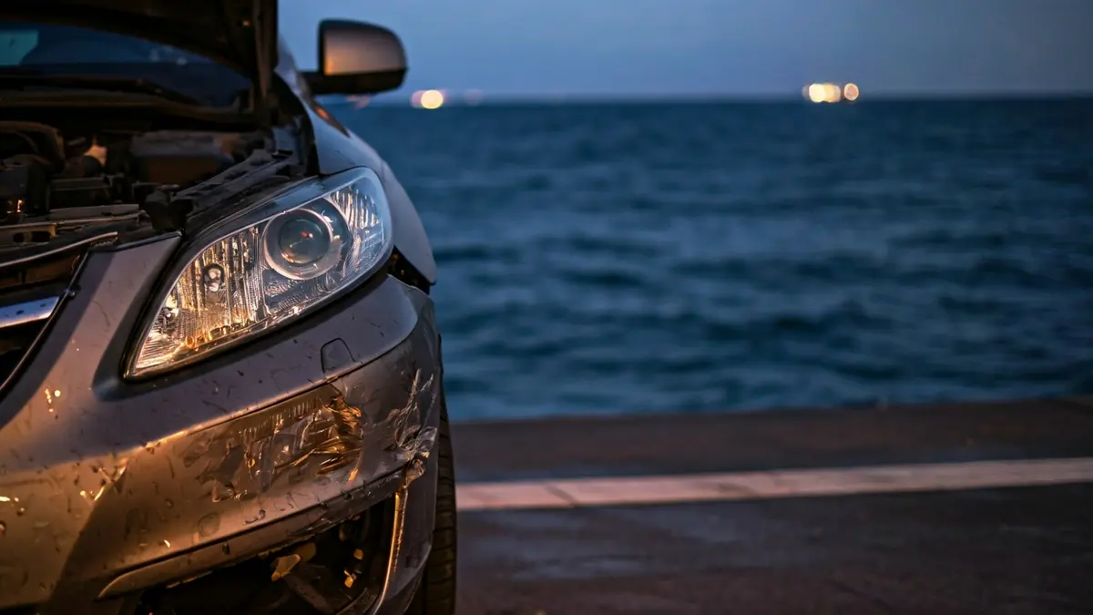 Imagen de un coche dañado, con el mar de fondo, tras un incidente en un ferry.