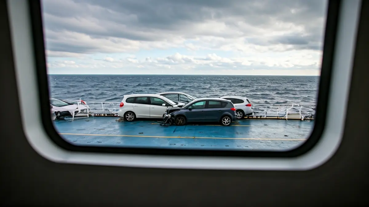 Damaged vehicles on a ferry's car deck due to heavy swell.