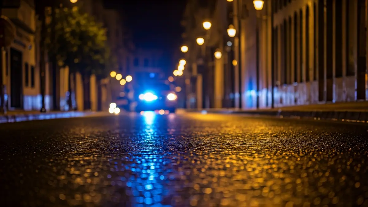 Generic image of police emergency lights reflecting on wet asphalt.