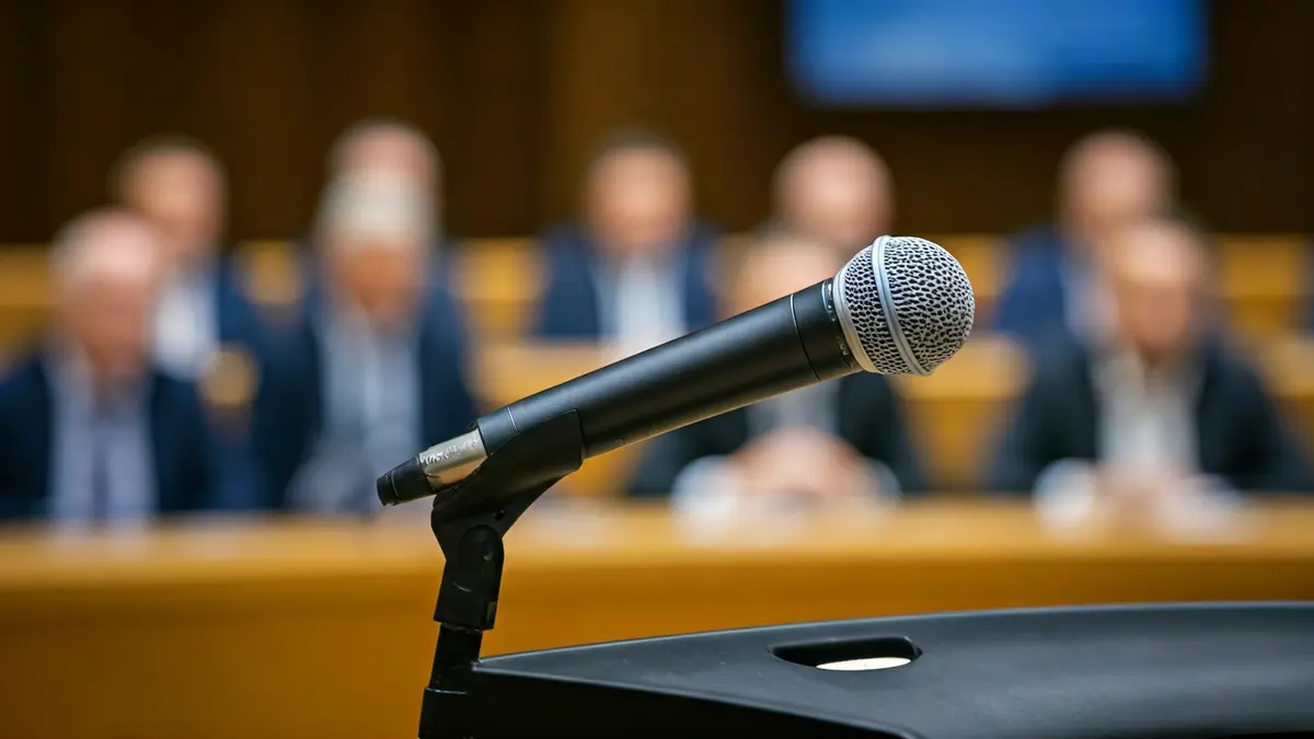 Imagen genérica de un micrófono en un podio durante una sesión plenaria.