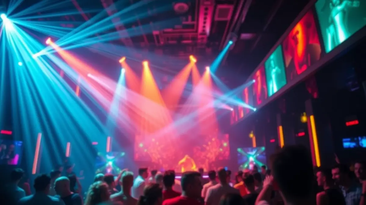 Interior de un club nocturno moderno con luces dinámicas y un ambiente de música electrónica.