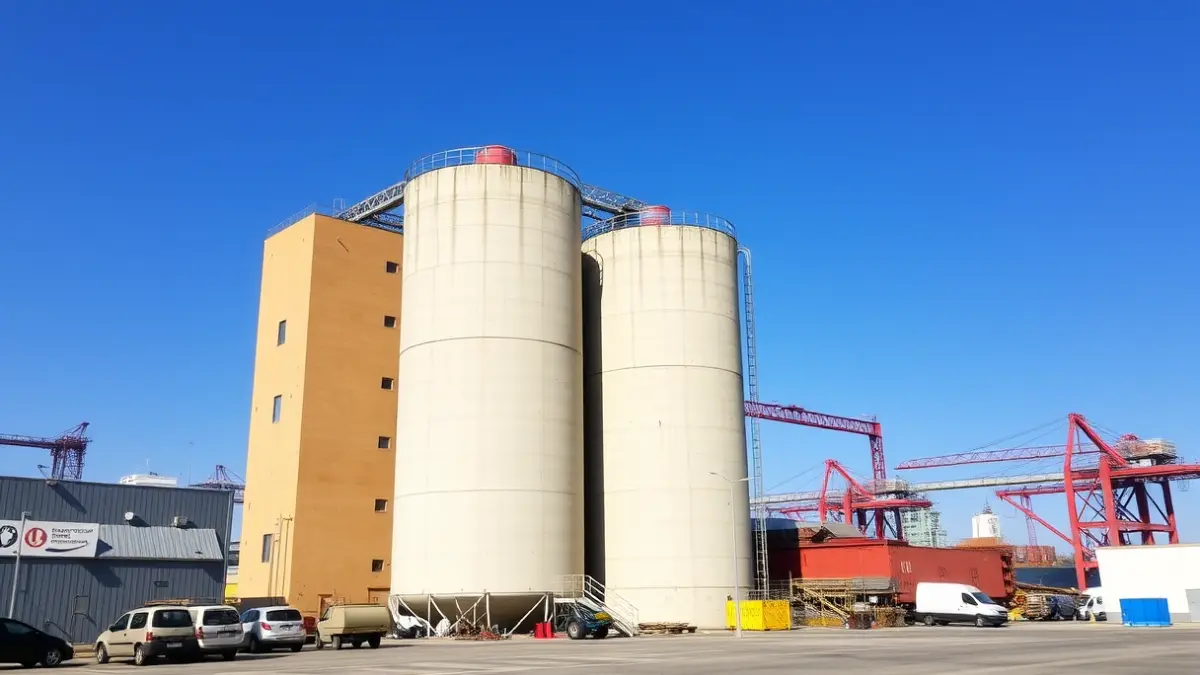 Image of a grain silo in an industrial port.