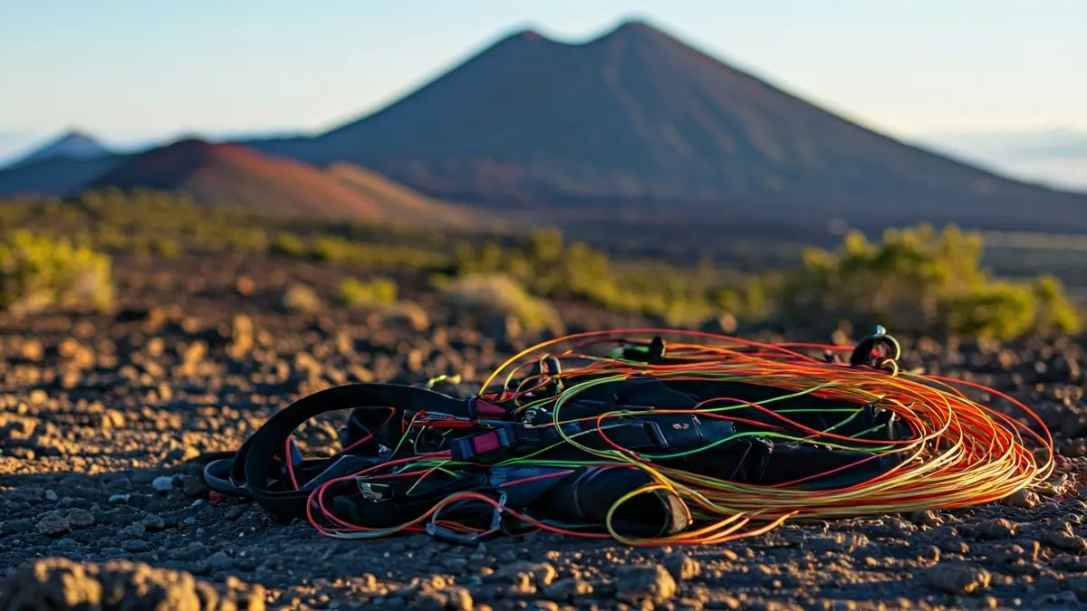 Paraglider harness and lines on rocky terrain, with volcanic landscape in the background.
