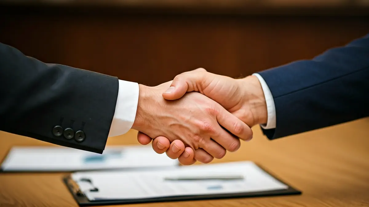 Imagen genérica de dos manos estrechándose sobre un escritorio, simbolizando una sociedad o colaboración empresarial.
