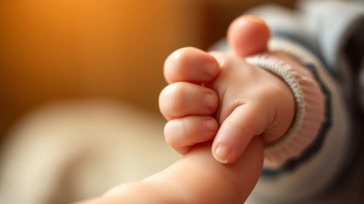 Imagen genérica de la mano de un bebé recién nacido agarrando el dedo de un adulto.