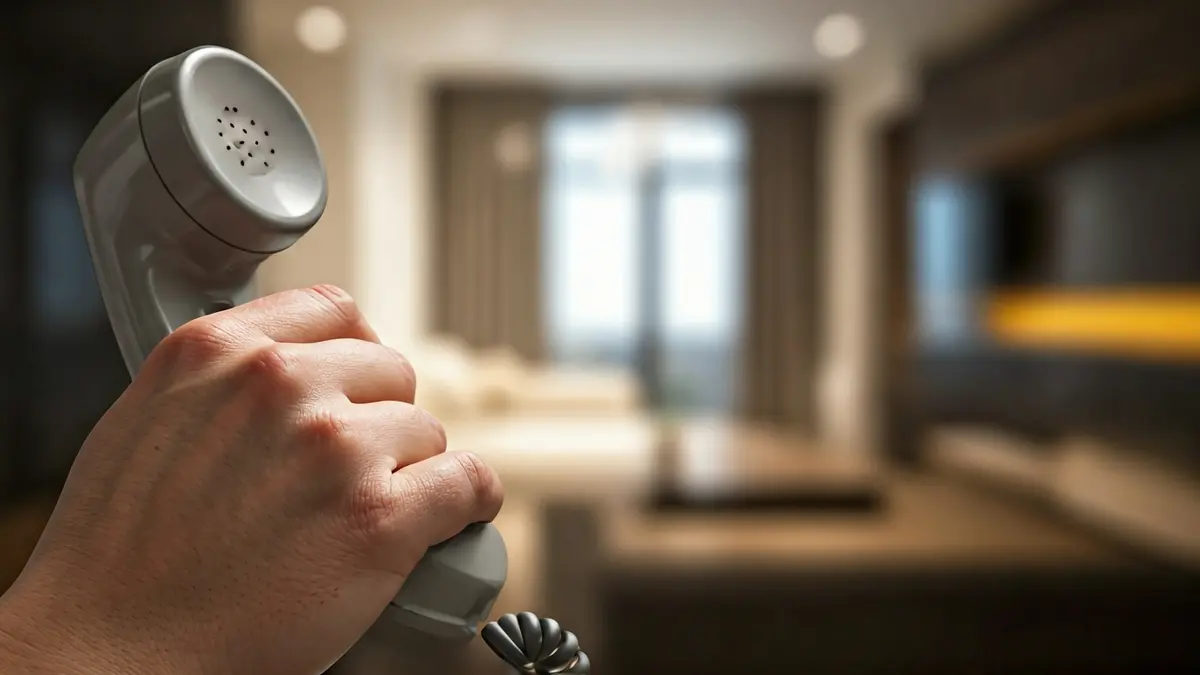 Imagen genérica de una mano sosteniendo un teléfono fijo, con un fondo borroso de un hogar moderno.