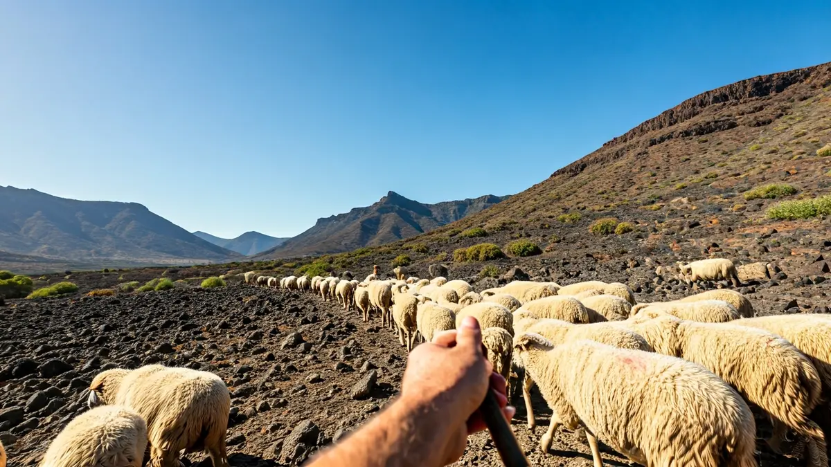 Image of a shepherd guiding sheep in a dry Gran Canaria landscape, symbolizing fire prevention.