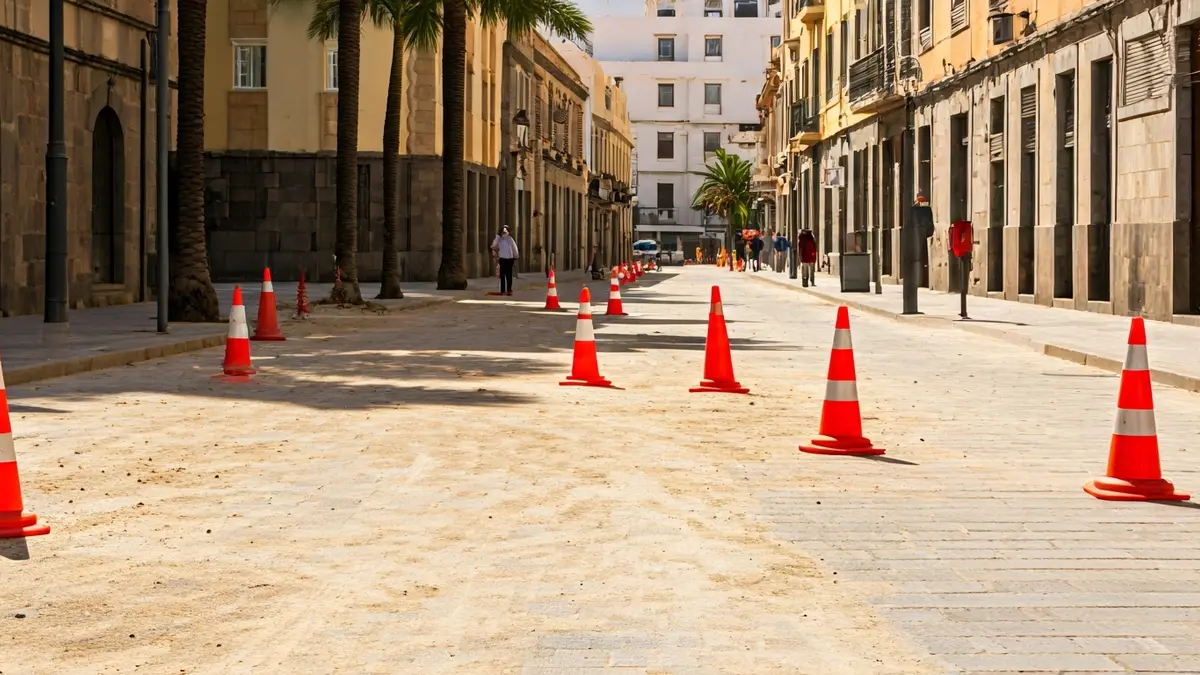 Imagen de un carril bici sin inaugurar en Las Palmas de Gran Canaria, con conos y vallas, usado por peatones.