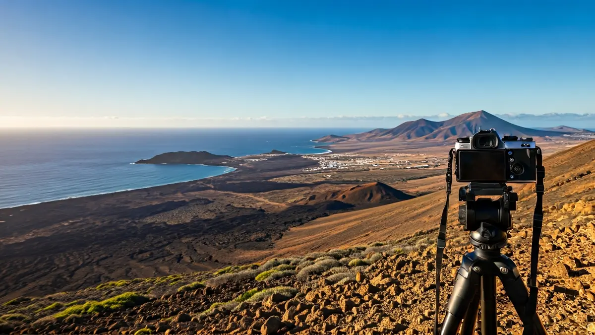 Film camera on a tripod with Fuerteventura's volcanic landscape in the background.