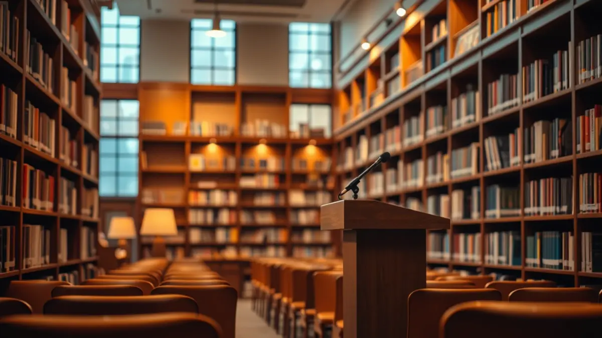 Imagen genérica de un interior de biblioteca con estanterías de madera y un podio con micrófono.