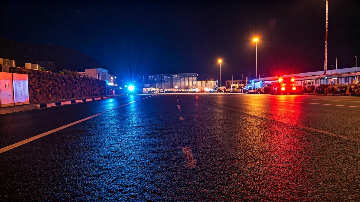 Imagen genérica de luces de emergencia policiales reflejadas en el asfalto mojado de noche.