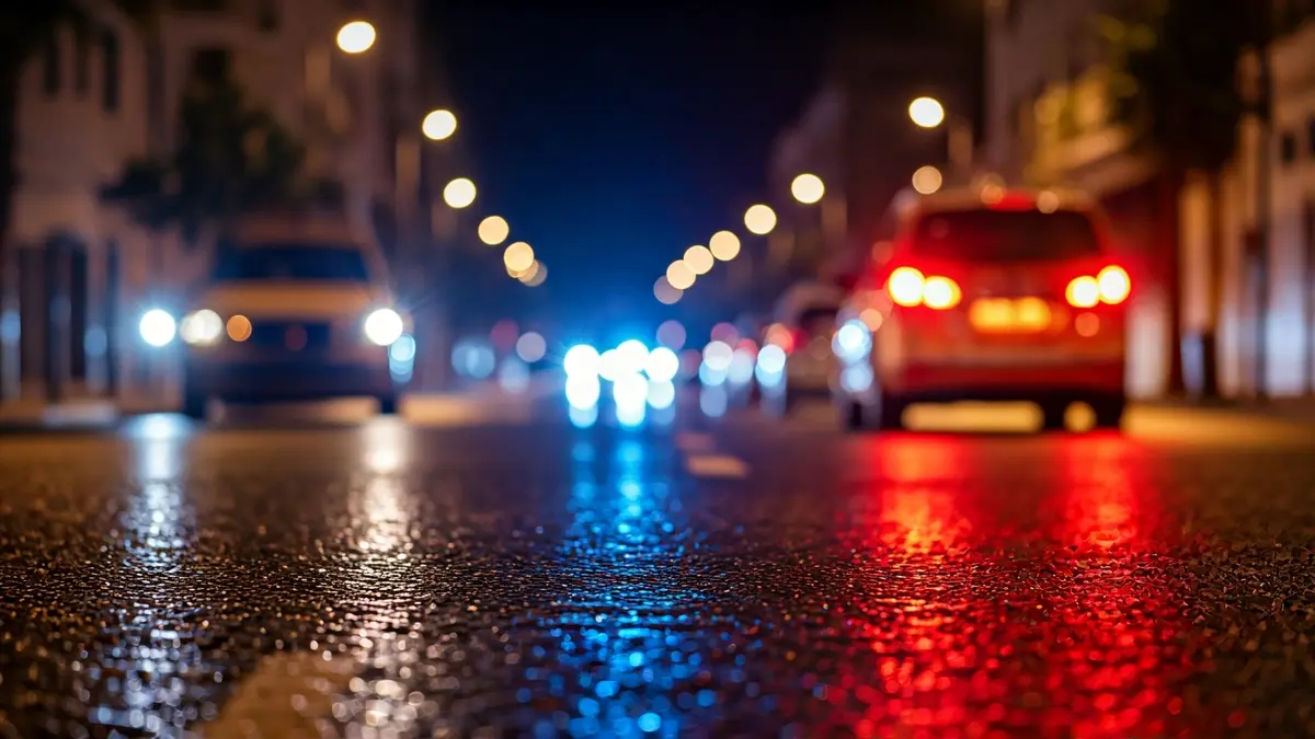 Imagen genérica de luces de emergencia reflejadas en asfalto mojado en un entorno urbano.