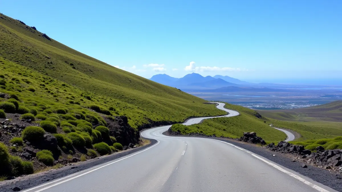 Carretera serpenteante a través de un paisaje volcánico verde en las Islas Canarias.