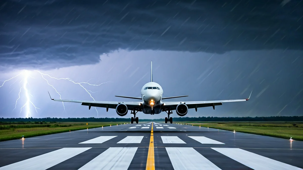 Avión aterrizando en medio de una tormenta, con relámpagos a lo lejos.