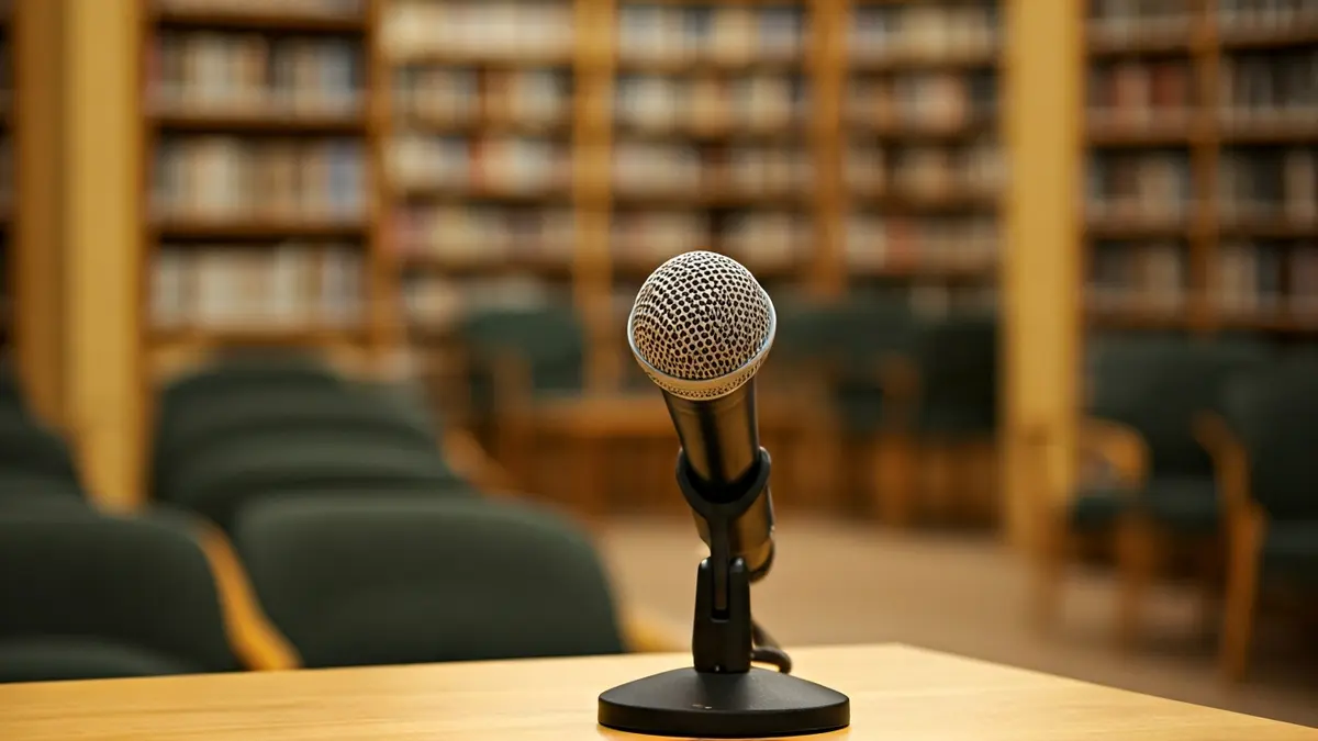 Imagen genérica de un micrófono en un podio en una biblioteca, con estanterías borrosas al fondo.