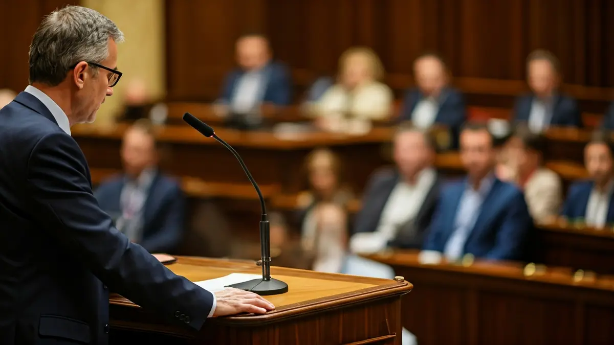 Imagen genérica de un micrófono en un atril en un parlamento.