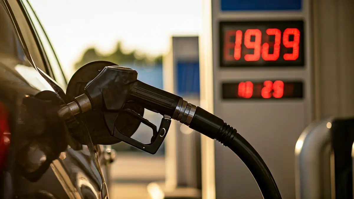 Generic image of a fuel pump nozzle in a car, with prices in the background.
