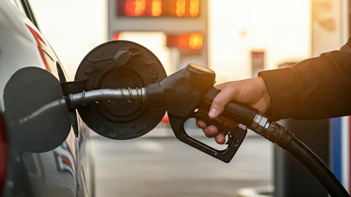 Imagen genérica de una manguera de gasolina en un coche, con precios de combustible en el fondo.