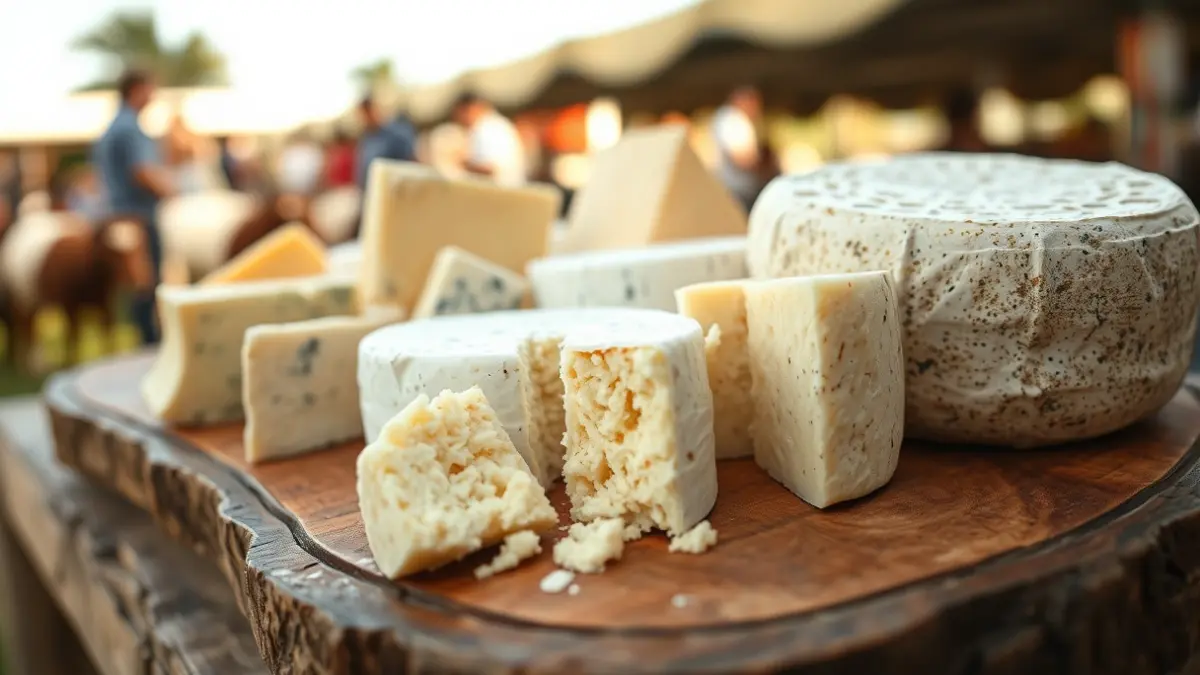Generic image of artisanal goat cheeses on a wooden board.
