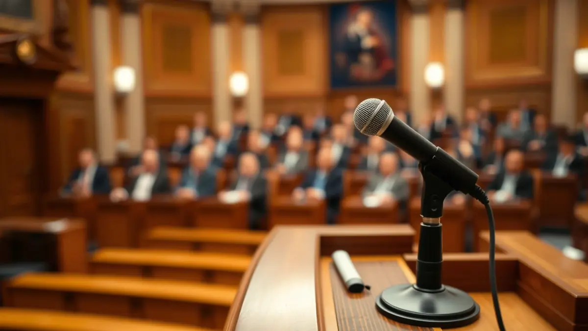 Generic image of a microphone on a podium in a plenary hall, symbolizing political debate.