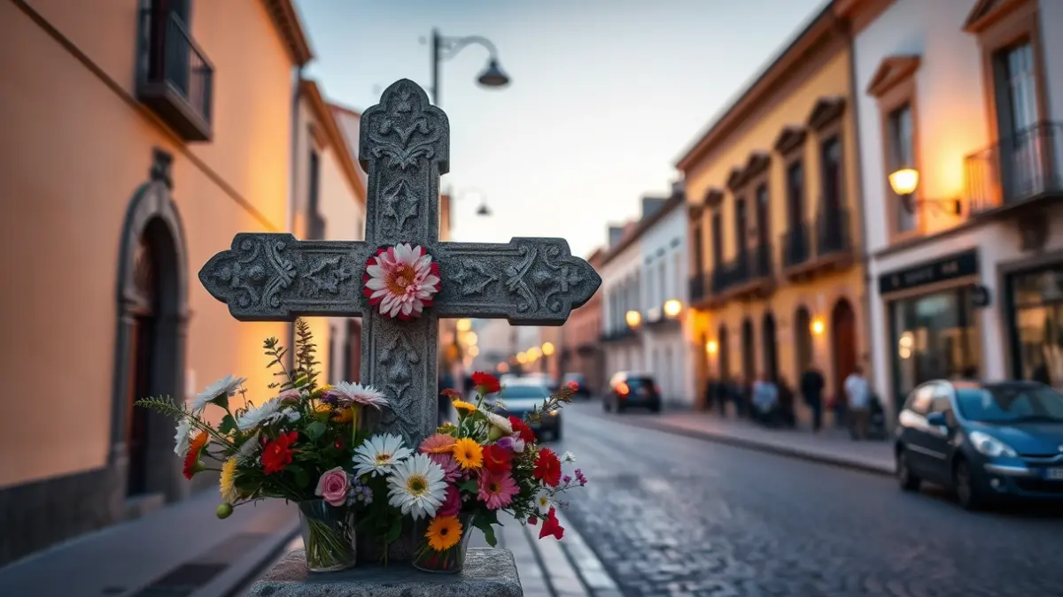 Imagen de una cruz tradicional adornada con flores en una calle histórica de Canarias.