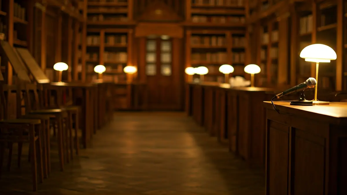 Imagen genérica de una sala de presentación de libros con un atril y sillas vacías.