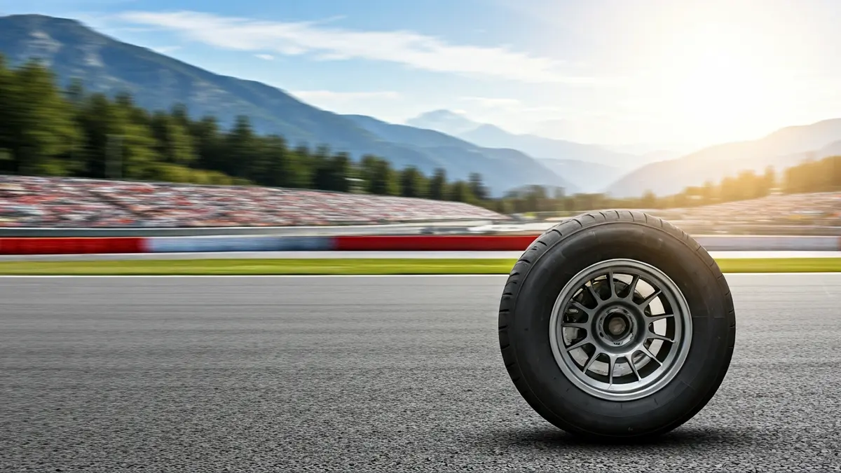 Imagen de un neumático de coche de carreras en una pista de asfalto con montañas de fondo.