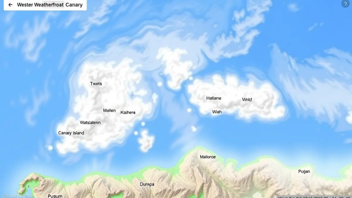 Imagen genérica de un mapa meteorológico de las Islas Canarias con nubes y viento.