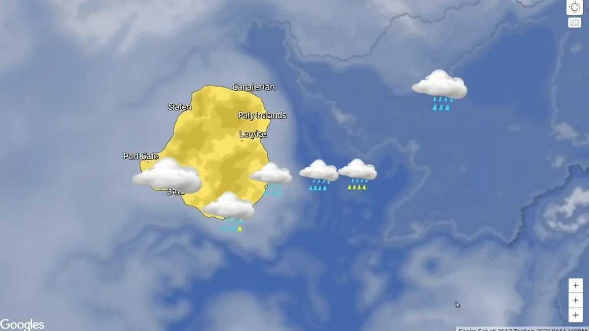 Imagen genérica de un mapa meteorológico de las Islas Canarias con símbolos de nubes y lluvia.