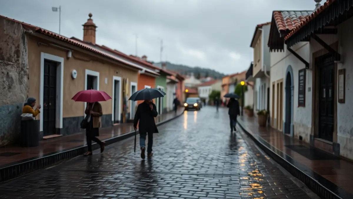 Generic image of a street in Canarias with light rain and cloudy sky.