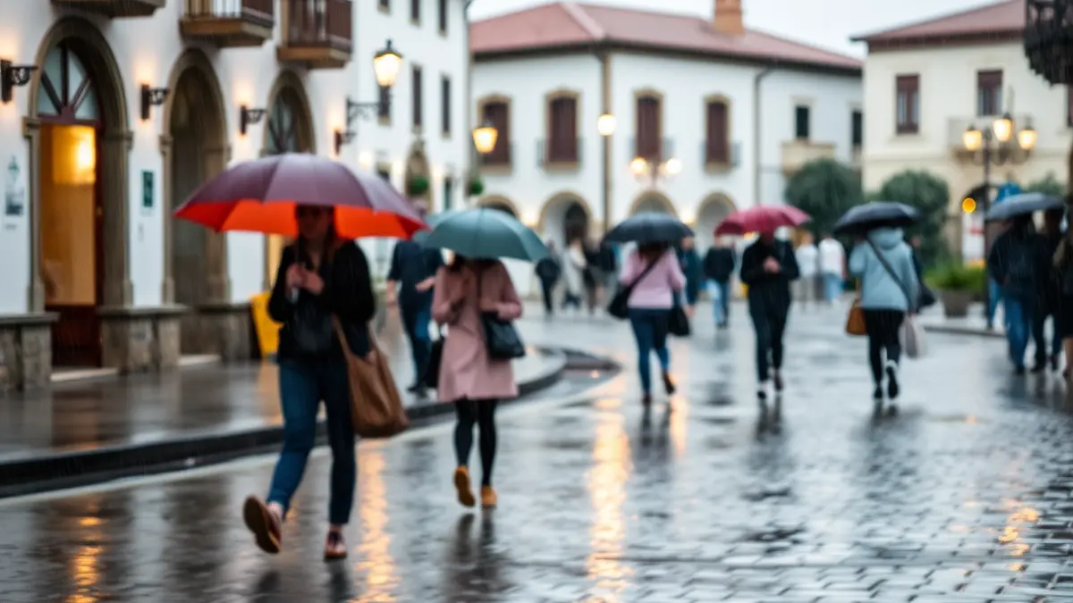 Image of a street in Santa Brígida in the rain, with people using umbrellas and wet cobblestones.