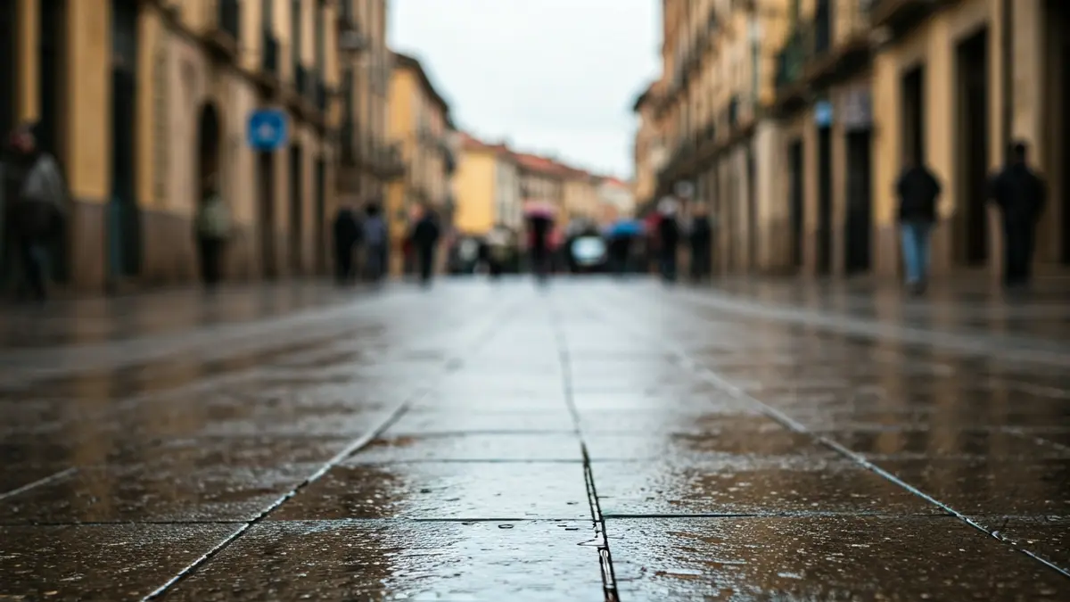 Generic image of a cloudy and rainy day on an urban street.